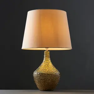 ValueLights Bailey Pair of Modern Metallic Gold Indent Textured Ceramic Table Lamps with Beige Shades