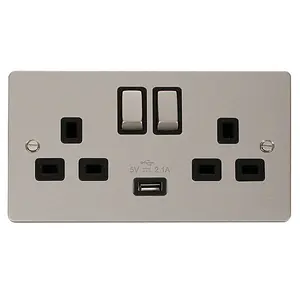 Flat Plate Pearl Nickel 2 Gang 13A DP Ingot 1 USB Twin Double Switched Plug Socket - Black Trim - SE Home