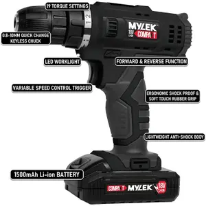 Mylek 18V Cordless Li-ion Drill And 13 Piece Accessory  Set