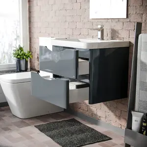 Nes Home Merton 600mm Wall Hung Vanity Basin Unit & Square Rimless Close Coupled Toilet Grey