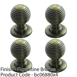 4 PACK - Reeded Ball Door Knob - 35mm Florentine Bronze Lined Cupboard Pull Handle & Rose