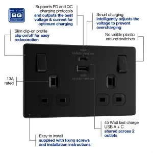 BG Screwless Flatplate Matt Black, 13A Double Switched Socket With USB A + C 45W, Black Inserts