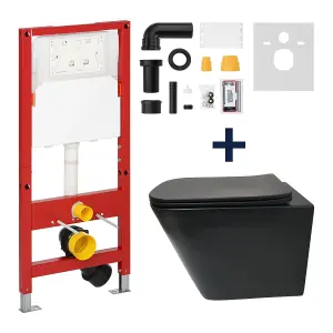 Top Ceramics Black Square Wall Hung Rimless Toilet with Soft Close Seat and 1.12m Cistern Frame