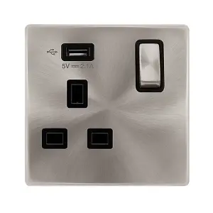 Brushed Steel Screwless Plate 1 Gang 13A DP Ingot 1 USB Switched Plug Socket - Black Trim - SE Home