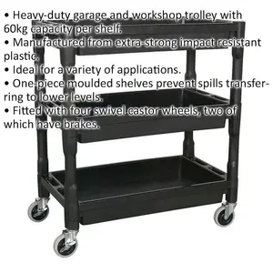 Heavy-Duty 3-Level Workshop Trolley - 60kg Capacity Per Shelf - Durable Plastic Design