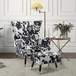 Cow Print Fabric Victoria Accent Chair with Footstool