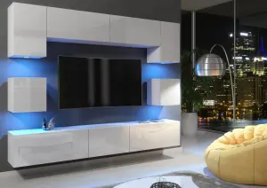 Modern Wall Unit TV Stand Living Room Cupboard - White  Gloss Doors