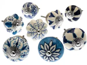 MangoTreeKnobs - Mixed Set of Blue & White Ceramic Cupboard Knobs x Pack 8 (MG-702)