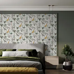 Arthouse Animals Jungle Wallpaper Elephant Palm Tree Green Grey Yellow Serengeti