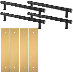 4 PACK - Pull Handle & Contrasting Backplate Set - Modern Bamboo T Bar - Matt Black & Satin Brass