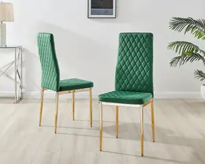 Furniturebox UK 4 Seater Dining Set - Novara 100cm Gold Round Glass Dining Table and Chairs - 4 Green Velvet Milan Gold Leg Chairs