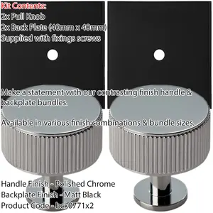 2 PACK - Cabinet Door Knob & Contrasting Backplate Set - Reeded Kitchen Pull - Polished Chrome & Black