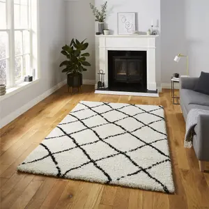 White Black Shaggy Moroccan Modern Geometric Rug for Living Room Bedroom and Dining Room-160cm X 220cm