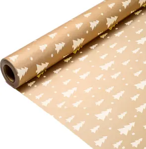 15m Kraft Christmas Wrapping Paper Roll - Eco-Friendly Paper with Tree Design for Gifts, Recyclable Gift Wrap 43cm Wide