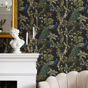 Holden Decor Peacock Woods Charcoal Wallpaper Floral Naturistic Feature Wall