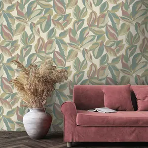 Abstract Leaf Wallpaper Multi Pink Cream Beige Green Natural Leaves Botanical