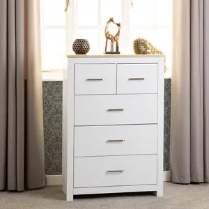 Portland 5 Drawer 3 and 2 Chest in White with Oak Effect Finish