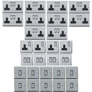 CHROME House Socket & Switch Set -14x Light & 14x Switched UK Power Sockets