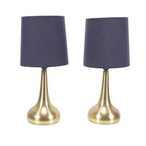 Pair - Brushed Gold Teardrop Touch Dimmer Table Lamps with Navy Blue Shade Bedside Light - LED Bulbs Included