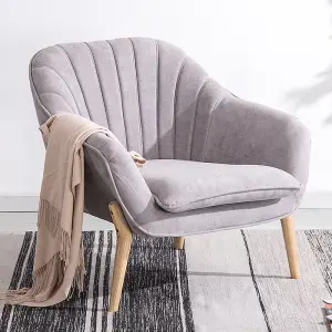 Light Grey Faux Wool Upholstered Scallop Back Armchair with Wooden Legs