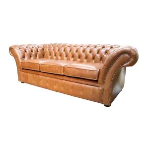 Chesterfield 3 Seater Old English Buckskin Leather Sofa Settee In Balmoral Style