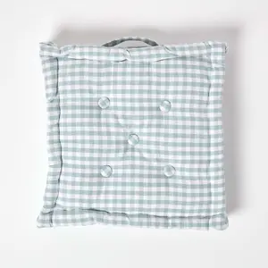 Homescapes Cotton Gingham Check Blue Floor Cushion, 50 x 50 cm