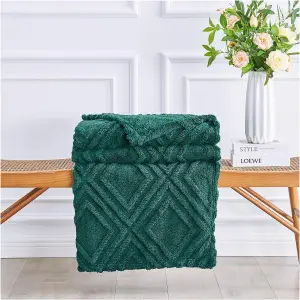 Large Sherpa Fleece Blanket  Fluffy Throw For Sofas, Bed, Armchair Jacquard Pattern King Size Throw Thermal Dark Green