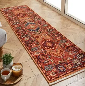 Persian Bordered Geometric Easy to Clean Red Traditional Rug for Living Room Bedroom & Dining Room-80cm X 150cm