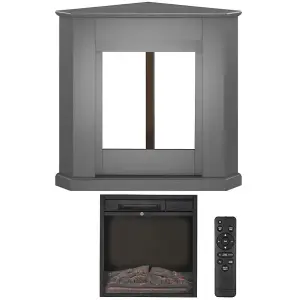 Modern Grey Corner Electric Fireplace with Remote Control, Triangle LED Log Fire, and Stylish Mantle