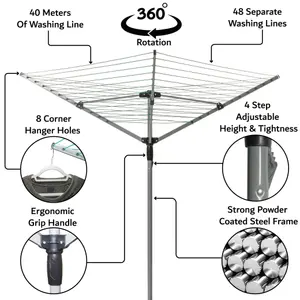 Folding Rotary Airer Washing Clothes Line With 4 Arms 40M Coverage