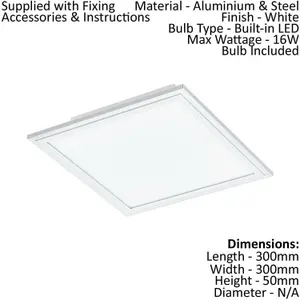 Wall / Ceiling Light White Aluminium 300mm Square Panel 16W Built in LED 4000K