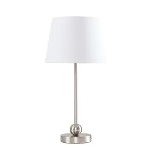 ValueLights Theydon Modern Brushed Chrome Single Stem Metal Ball Table Lamp with White Tapered Shade with LED Golfball Bulb