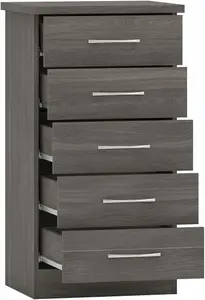 Nevada 5 Drawer Narrow Chest of Drawers Black Wood Grain Effect