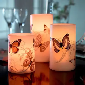 3 x Butterfly Design Real Wax LED Pillar Candles - Battery Powered Flickering Light Home Decoration - One of Each 10, 12.5 & 15cm