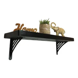 Solid Wood Handmade Rustical Shelf Black Ash 225mm 9 inch with Black Metal Bracket WAT Length of 220cm