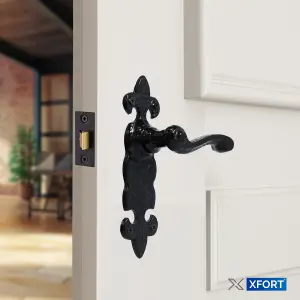 XFORT Black Antique Fleur De Lys Latch Handle, Internal Door Handles Sets