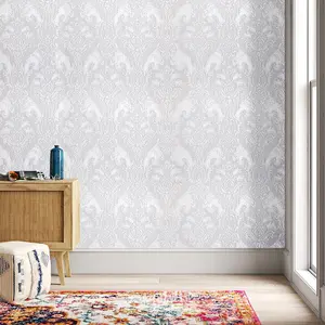 White Silver Glitter 3D Damask PVC Self Adhesive Patterned Wallpaper 2.25m²