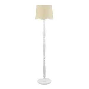 ValueLights Victoria White Wood Floor Lamp with Linen Scallop White Trim Tapered Shade & Bulb