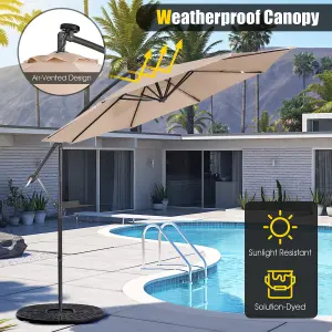 Costway 3 x 3m Cantilever Parasol Backyard Patio Offset Umbrella w/ 32 Solar-Powered LED Lights