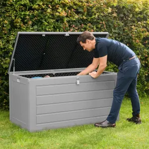 Outdoor Garden Storage Box Plastic Shed - Weatherproof & Sit On with Wood Effect Chest (680L, Anthracite)