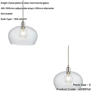 2 PACK Hanging Ceiling Pendant Light - Bright Nickel Plate & Clear Hammered Dome Glass - 10W LED E27