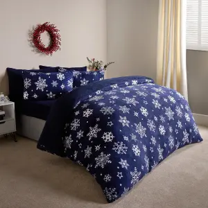 Snowflake Teddy Fleece Duvet Cover Bedding Winter Christmas, Navy - Double