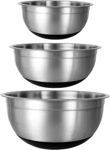 Buckingham Salad Mixing Bowls Designer Set of 3 Stainless Steel Base, Silver Black