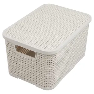 1 x Nature Inspired Cream Home & Office Rattan Effect Storage Basket With Lid