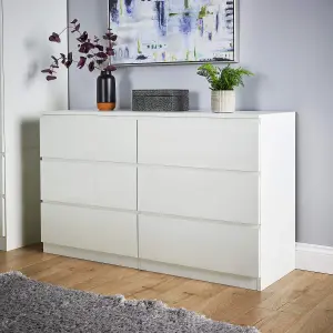 Home Source Lugano White 6 Drawer Wide Chest of Drawers High Gloss Drawer Fronts