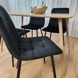 Rectangle Oak Effect Kitchen Dining Table With 4 Black Velvet Tufted Chairs Dining Set