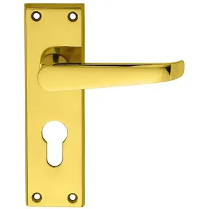 Straight Victorian Latch & EURO Lock Door Handle Polished Brass Lever Backplate