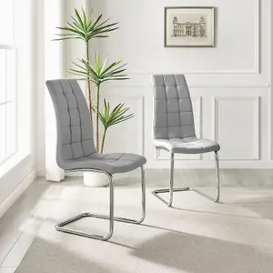 Set of 2 Murano Elephant Grey Deep Padded High Back Soft Touch Faux Leather Chrome Cantilever Leg Dining Chairs