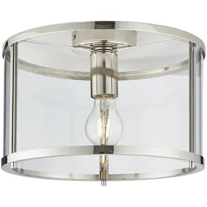 Bright Nickel Semi Flush Ceiling Light & Clear Glass Shade - Low Ceiling Fitting