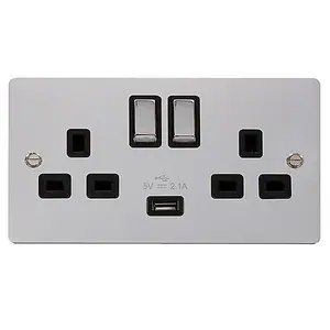 Flat Plate Polished Chrome 2 Gang 13A DP Ingot 1 USB Twin Double Switched Plug Socket - Black Trim - SE Home